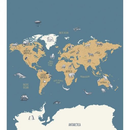 Our Planet World Map Wallpaper in Blue/Beige