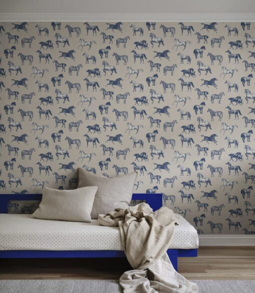 Colette Horse Wallpaper by Sandberg in Blue