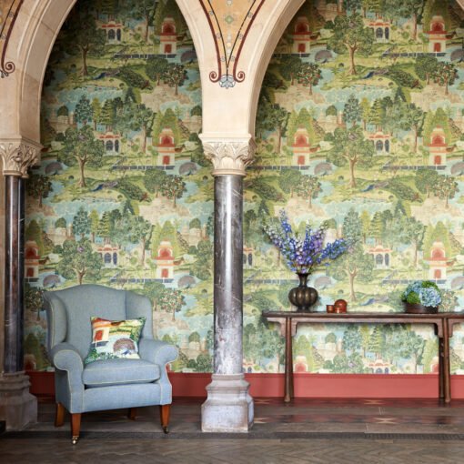 Peacock Garden Wallpaper in Green & Coral by Zoffany