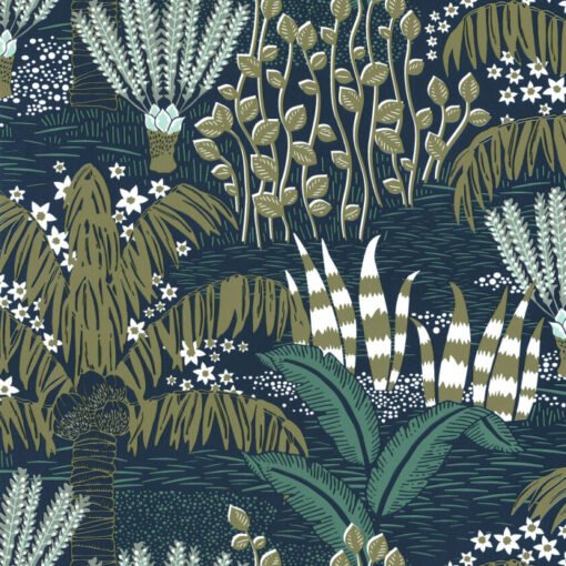 Palmeraie Wallpaper in Olive & Midnight Blue