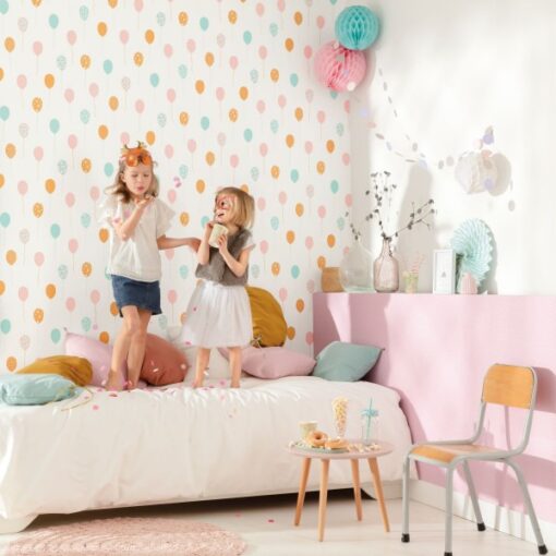 Party Time Wallpaper in Soft Pink Sky Blue & Gold