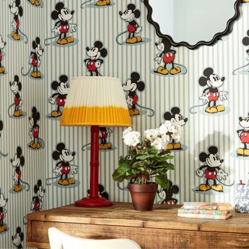 Disney Mickey Mouse Stripe Wallpaper by Sanderson & Disney Home in Sea Salt