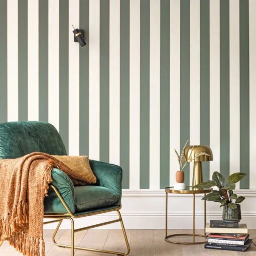 Moonlight Golden Lines Wallpaper in Eucalyptus Green White