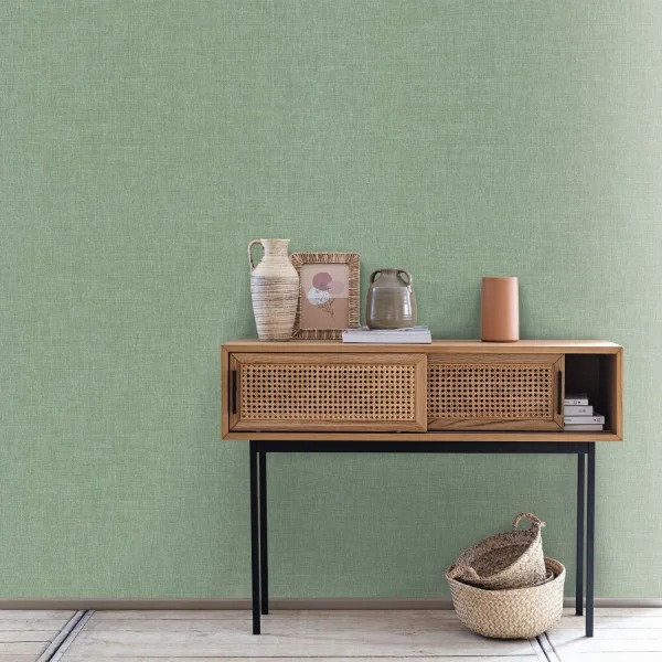 Linen Uni Wallpaper in Gray Green