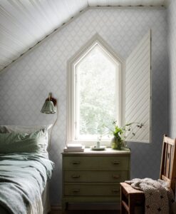 Trellis Leaves Wallpaper In Gray-Bedroom
