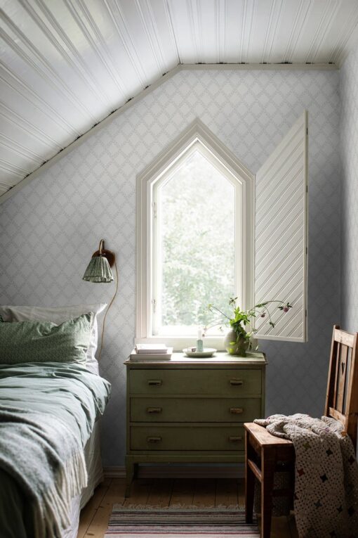 Trellis Leaves Wallpaper In Gray-Bedroom