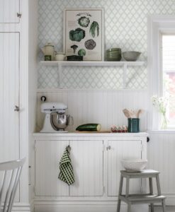 Trellis Leaves Wallpaper In Green-Kitchen