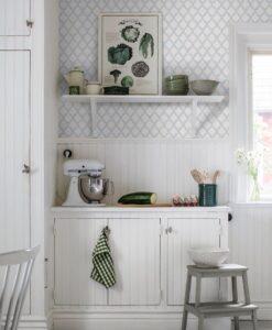 Trellis Leaves Wallpaper In Blue-kitchen
