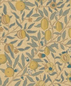 Fruit Wallpaper in Blue Gold Brown