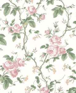 French Roses Wallpaper in Pink, Green and White