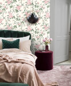 French Roses Wallpaper in Pink, Green and White