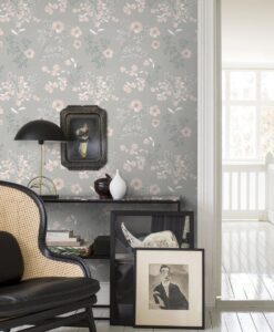 Prairie Rose Wallpaper in Grey and Beige